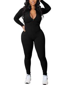 lot 1734 image: chicyes Womens Sexy Jumpsuits Casual Bodycon Pants One Piece Long Sleeve Ribbed Romper Plus Size Fall Outfits Black 2X - Retail $30
