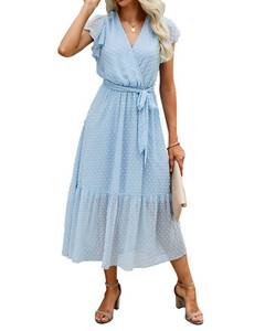 lot 1743 image: BTFBM Women Summer Bohemian Floral Casual Wrap V Neck Ruffle Cap Sleeveless Belt A-Line Pleated Hem Swing Midi Sun Dress (Swiss Dot Light Blue, S) - Retail $39