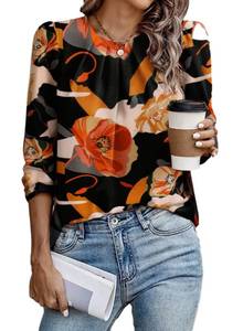 lot 1754 image: Samefar Womens Floral Black Blouses Dressy Casual Pleated Crew Neck Long Sleeve Shirts for Women Office Work Chiffon Blouses Medium - Retail $20