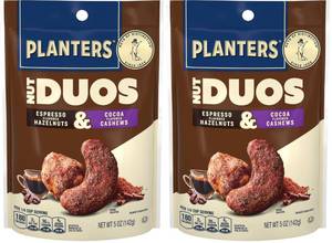 lot 1755 image: PLANTERS Nut Duos,Flavored Nuts Snack Pack - Cocoa Cashews & Espresso Hazelnuts 5oz,(Pack of 2)