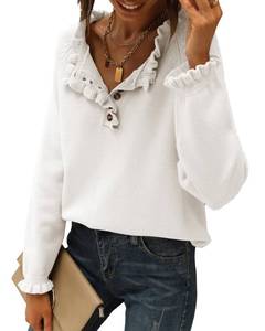lot 1756 image: BTFBM Womens Sweaters Fall Winter Clothes 2026 Long Sleeve Button Down Ruffle Crew Neck Casual Knitted Pullover Tops(White, Large) - Retail $41