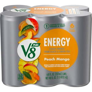 lot 1758 image: V8 Energy Peach Mango Juice Energy Drink  8 fl oz Can  6 Count