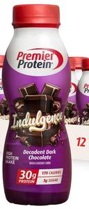 lot 1785 image: Premier Protein Shake INDULGENCE, Decadent Dark Chocolate, 30g Protein, 170 Calories, 3g Sugar, 11.5 fl oz, 4 Pack (Packaging May Vary)
