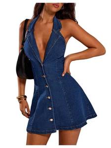 lot 1791 image: Floerns Womens Y2k Denim Halter Mini Dress Sleeveless Deep V Neck Button Down A Line Going Out Jean Dresses Blue Medium - Retail $42