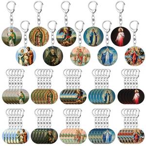 lot 1795 image: Landical Catholic Gifts Catholic Saints Keychain Acrylic Christian Keychain Religious Key Ring Gifts Jewelry for Women Men(Round,50 Pcs)