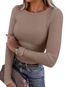 lot 1814 image: ANRABESS Women Long Sleeve Shirts Rib Knit Slim Fit Tops Basic Tee 2025 Fall Outfits Casual T-Shirt Underscrubs Layer Clothes Light Khaki X-Large - Retail $20