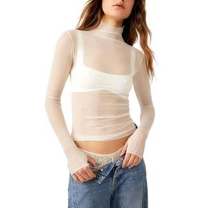 lot 1820 image: Sheer Mesh Long Sleeve Layering Top for Women Mock Neck Floral Lace Tshirt See Through Tee Shirt Blouse(Dot White,X-Large