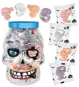 lot 1823 image: 30 Pack Halloween Ring Candy - Individually Wrapped Holiday Themed Skull Candys Packed in a Skull Jar&nbsp&nbsp