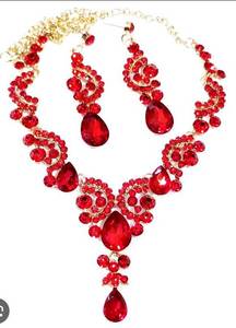 lot 1844 image: Red Crystal Teardrop Necklace and Earring Set