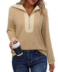 lot 1846 image: VALOLIA Fall Sweaters for Women 2024 Fall Outfits - Zip Up Hoodie - Long Sleeve Sweater Apricot Brown Houndstooth Medium