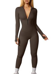 lot 1854 image: OQQ Women Yoga Jumpsuits Workout Ribbed Long Sleeve Zip Front Sport Jumpsuits Darkbrown, S - Retail $35