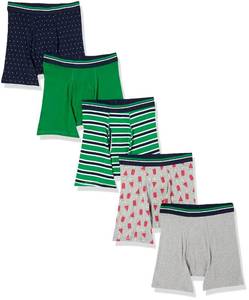 lot 1873 image: Amazon Essentials Mens Underwear Boxer Briefs, Comfortable Cotton, Tag-Free, Pack of 5, DotsGreenGrey HeatherPopsicleStripe, Medium