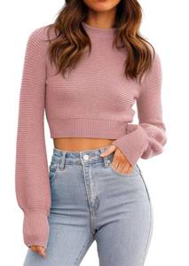 lot 1893 image: Womens Sexy Crew Neck Cropped Sweaters Ribbed Knit Long Sleeve Crop Tops Pullover Pale Mauve size small - Retail $32