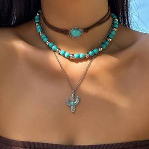 lot 1897 image: CSIYANJRY99 Layered Western Necklaces for Women Vintage Turquoise Beaded Western Jewelry for Women Ox-head Cactus Cross Chain Necklaces Country Concert Cowgirl Dresses Accessories (01)