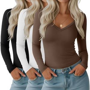 lot 1914 image: Huukeay 3 Pack Womens Deep V Neck T Shirts Long Sleeve Slim Fitted Tops Casual Fall Basic Tee Shirts Stylish Clothes(Black, White, Brown,Large) - Retail $44