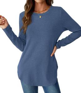 lot 1916 image: NORACORA Womens Casual Long Sleeve T Shirt Round Neck Basic Loose Tunic Tops Curved Hem with Side Split Basic Tee TShirts Going Out Outfits Blue S