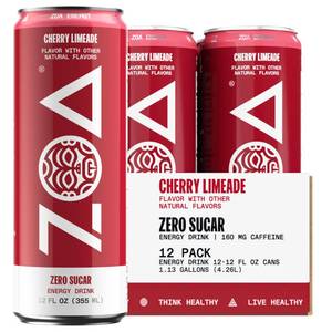 lot 1928 image: ZOA Zero Sugar Energy Drinks, Cherry Limeade - Sugar Free with Electrolytes, Healthy Vitamin C, Amino Acids, Essential B-Vitamins, and Caffeine from Green Tea - 12 Fl Oz (12-Pack) - Retail $27