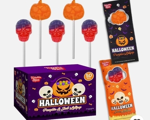 lot 1931 image: 50 Pack Halloween Lollipops - Individually Wrapped Holiday Themed Pumpkins And Skulls