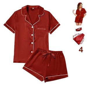 lot 1948 image: WJing Yi Jia 4Pcs Womens Satin Silky Pajama Sets Short Sleeve Shirt Floral Pajamas Set Soft PJ Loungewear Sleepwear Medium