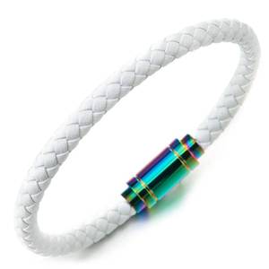 lot 1950 image: COOLSTEELANDBEYOND Thin White Braided Genuine Leather Bangle Bracelet for Men Women, Rainbow Oxidized Magnetic Clasp