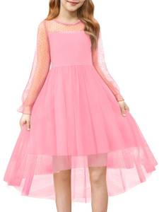 lot 1962 image: Haloumoning Girls Dresses Kids Contrast Mesh Long Sleeve Twirly High Low Birthday Party Formal Dress 5-14 Years Pink