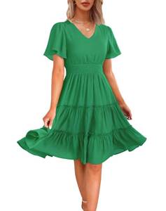 lot 1976 image: Zattcas Women 2026 Sping Summer Dress Short Sleeve V Neck Smocked Casual Flowy A Line Tiered Modest Teacher Work Graduation Wedding Guest Knee Length Dress Grass Green S - Retail $39