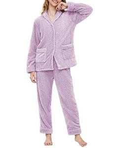 lot 1980 image: NRZD Womens Warm Fleece Pajama Sets, Long Sleeve Soft Sleepwear Button Down Winter Lounge PJs Sets with Straight Pockets(Purple,XXL) - Retail $28