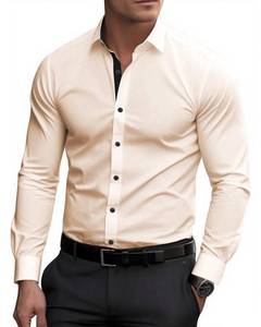 lot 1997 image: Lasjixion Mens Solid Long Sleeve Dress Shirts Wrinkle-Free Formal Casual Business Button Down Shirts Beige Large