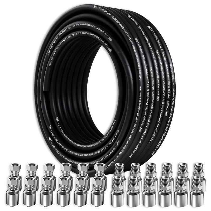 lot 1292 image: 100Ft 14 inch Hydraulic Hose with 24Pcs Fittings, 5800Psi Coiled Hydraulic Line With 2 High-Tensile Steel Wire Braid,Rubber Flexible Oil Hose -20°C to 140°C - Retail $200
