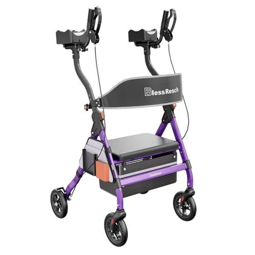 lot 1332 image: BlessReach Heavy Duty Upright Rollator Walker for Seniors, 450lb Capacity, 6 Height Adjustments, 8in All Terrain Wheels, Padded Seat and Backrest, Easy Assembly, Foldable Design Purple Retail $179.99