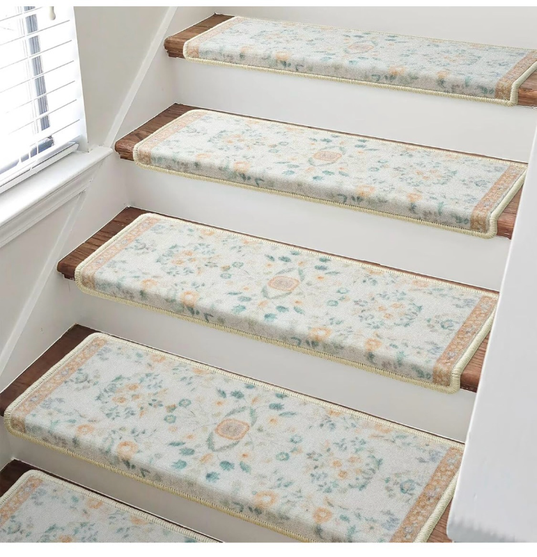 lot 1284 image: RORA Bullnose Carpet Stair Treads Non-Slip Stair Treads for Wooden Steps,Washable Stair Carpet,Floral Stair Rugs,Runner Indoor Stair Mats for Pets Elder,14pcs,29.5 x9.5x1.5 ,Beige - Retail $120