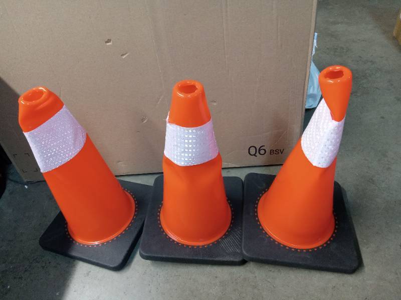 lot 1299 image: 3PACK Safety Cones Orange PVC Traffic Cone with Weighted Base for Parking 18inches Flexible Durable Stable Reflective Honeycomb Surface Ideal for Outdoor Use Retail- $44