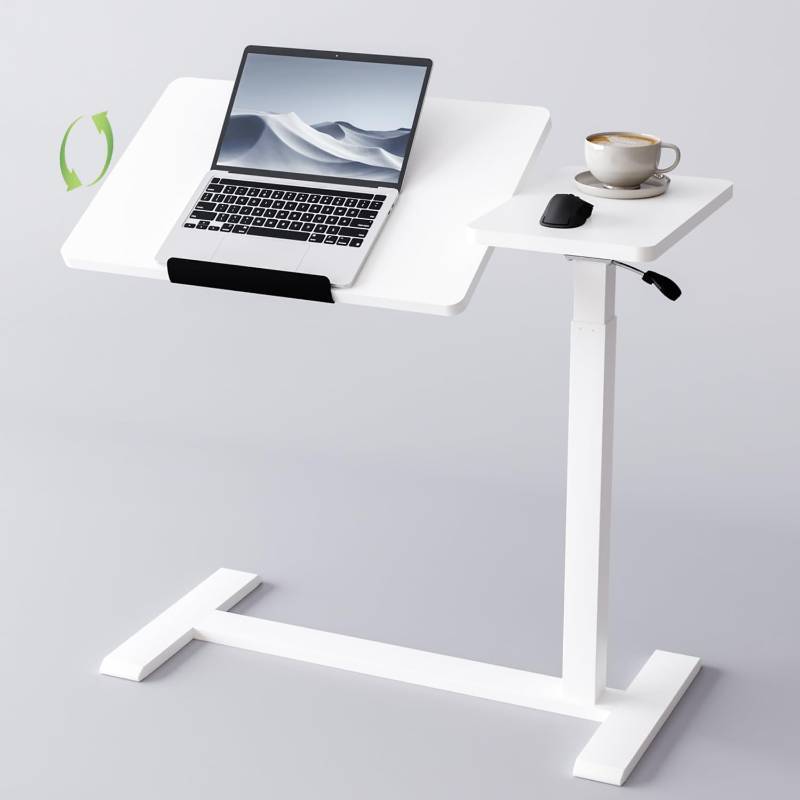 lot 1307 image: Miloyer Adjustable Overbed Bedside Table with Wheels Pneumatic Mobile Standing Laptop Desk Rolling Computer Cart Movable Couch Desk Hospital Home Use, White, Retail $100