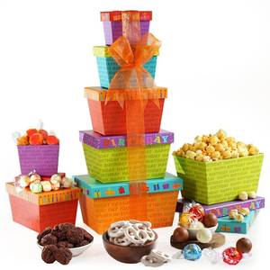 lot 2542 image: Broadway Basketeers Birthday Gift Basket Tower Snack Boxes with Gourmet Cookies, Chocolates &amp Popcorn
