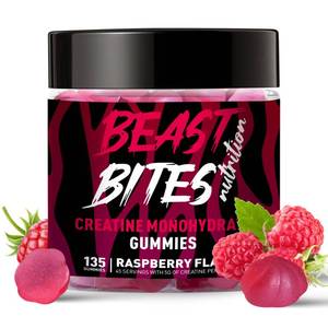 lot 2586 image: BEAST BITES Nutrition Creatine Monohydrate Gummies for Men & Women - 5g of Creatine Monohydrate per Serving - Sugar Free,Vegan, Raspberry Flavor, 135 Count (45 Servings).