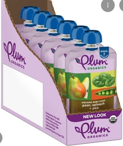lot 2588 image: 6 pk Plum Organics Stage 2 Baby Food PearPeaSpinach Pouches