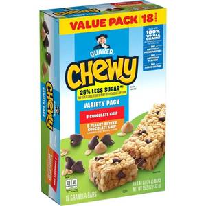 lot 2648 image: Quaker Chewy 25% Less Sugar Variety Pack Granola Bars (18 - 0.84 Ounce) 15.2 Ounce 18 Count Plastic Bag