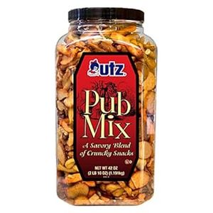 lot 2682 image: Utz Pub Mix, 42 Oz. Barrel, Savory Snack Mix with a Blend of Crunchy Flavors for a Tasty Party Snack, Resealable Container, Trans-Fat Free and Kosher Certified