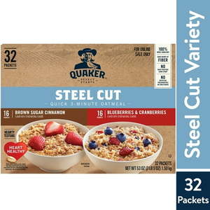 lot 2728 image: Quaker  Steel Cut Quick 3-Minute Oatmeal  Variety Pack  Stovetop Oatmeal  32 Packets