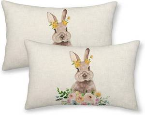 lot 881 image: Easter Pillow Covers 12x20 Set of 2 - Bunny Floral Linen Cushions