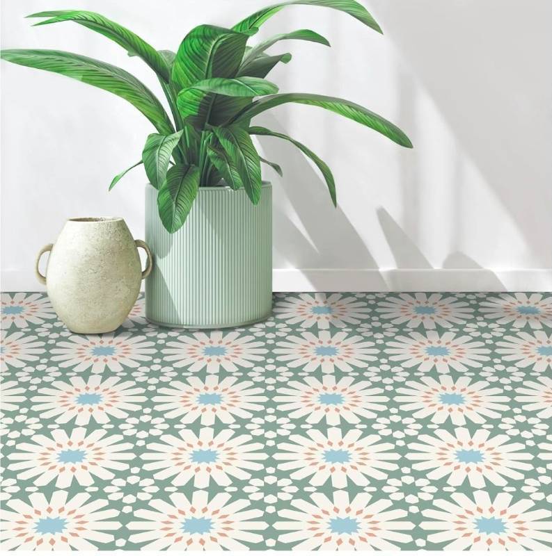 lot 169570 image: MORCART Peel and Stick Floor Tile - 20 PCS, 7.87 x 7.87 Vinyl Flooring - Waterproof Self-Adhesive Tile Sticker for Wall Backsplashes, Bathroom, Kitchen - Green and White Floral Look - Retail $25