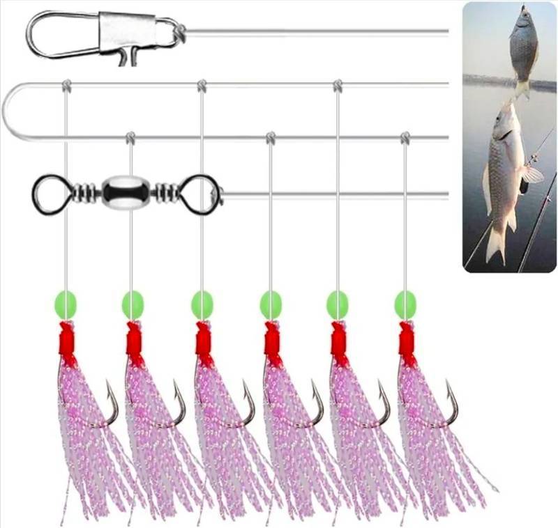 lot 169590 image: 4packs-6pcs Fishing Rigs with Luminous Hooks for Sea and Freshwater, 1 5m Length with Strong Connector Design Hook Size 9,11,12,14 - Retail $20