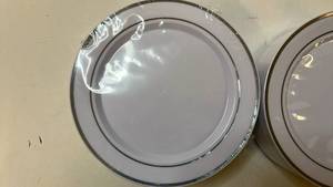 lot 68376 image: White Plastic Dessert Plates with Silver Trim - Set of 100 - Retail $30