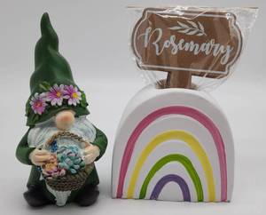 Garden Gnome with Rainbow Holder and Plant Wooden Signs - Retail: $24