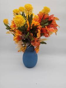 lot 69228 image: Fall Floral Arrangement with Blue Ceramic Vase - Retail $35