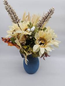 lot 69229 image: Artificial Sunflower Arrangement in Blue Vase - Retail $45