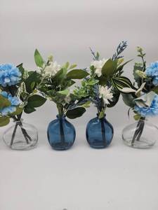 lot 69235 image: Blue and Clear Glass Bud Vase Set with Artificial Flowers - Retail $35