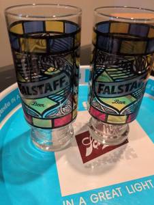 lot 2494 image: Falstaff Stained Glass Beer Glasses with Schlitz Serving Tray