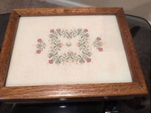 lot 2499 image: Floral Cross Stitch in Wooden Frame top of beautiful box