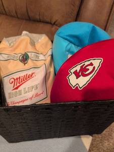 lot 2504 image: Miller High Life and Kansas City Chiefs Fan beaded pillow Collection in basket